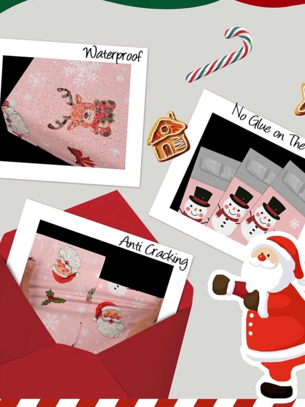 (20) Pink Holiday Polymailer Bags with Santa, Snowmen & Reindeer 6”x9” - Picture 14 of 16